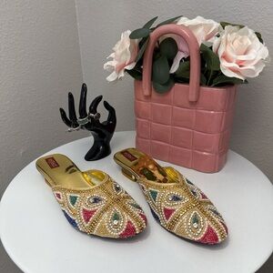 Y2K Gold Beaded Chunky Kitten Heel Mules Women’s size 7-7.5